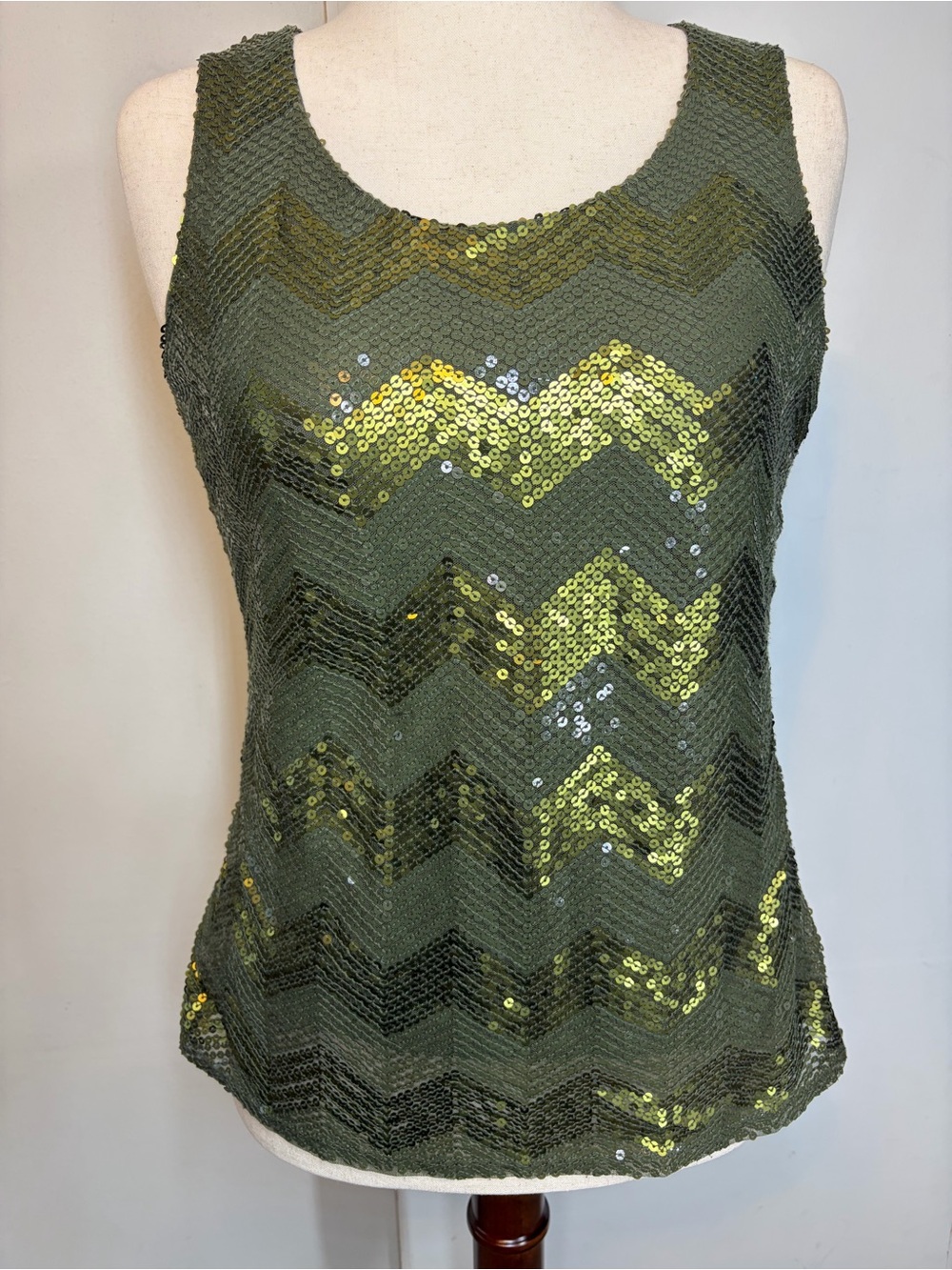 Coldwater Creek Olive Green & Gold Chevron Sequin Tank Top Size M